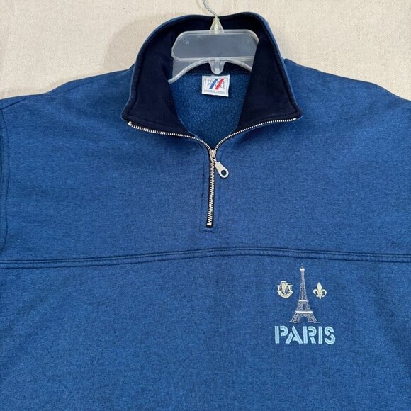 France Estelle Paris Embroidered Half-Zip Pullover Sweatshirt Long Sleeve Blue L - Picture 2 of 12